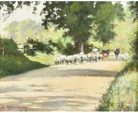 Isabella Wylie Lowe, Circa 1915, sheep being driven through dappled light on a country road, watercolour, signed and dated, 8