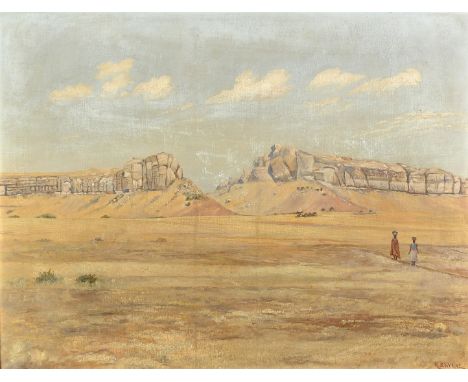 19th/20th Century, a scene of travellers carrying vessels on a desert pathway, oil on canvas laid down, signed R. S Wynne, 18