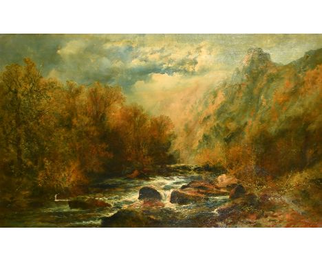 William Widgery (1822-1893), a view of a boulder-strewn mountain river, oil on canvas, signed, 25" x 41" (64 x 105cm).