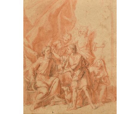17th Century, an old master drawing of gathered figures with cherubs in attendance, sanguine and graphite, 11" x 9" (28 x 23c