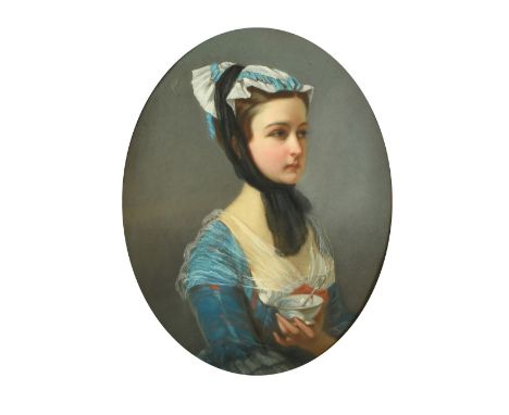 Mid-19th Century French School, a head and shoulders portrait of a female figure holding a blue and white bowl, pastel, 28" x