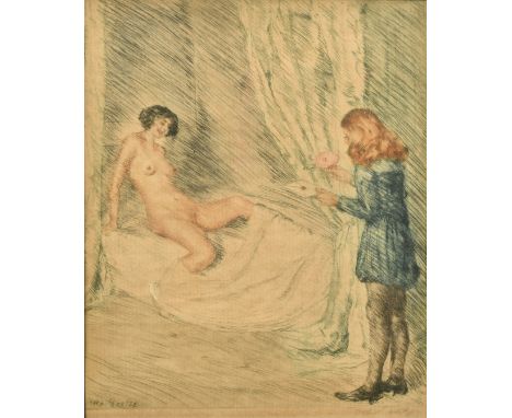 Otto Goetze (1868-1931) German, a reclining female nude and another figure, etching and aquatint, signed in pencil, 6.5" x 5"
