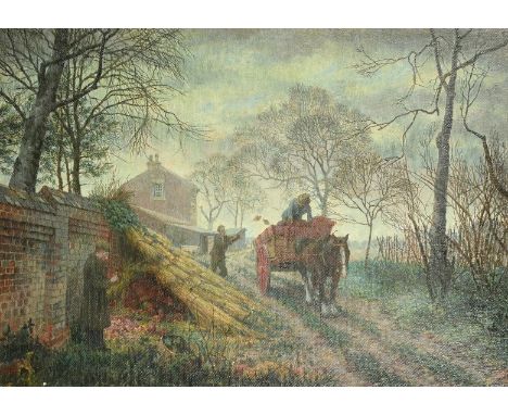 English School, Circa 1930, figures gathering turnips into a horse and cart under moonlight, oil on canvas, signed with initi