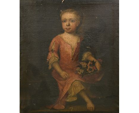 English School, Circa 1680, a portrait of a young girl holding a basket of flowers, oil on canvas, 30" x 25" (76 x 63.5cm), i