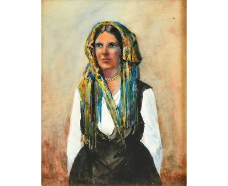 Early 20th Century, possibly Greek School, a bust length portrait of a lady with a colourful headdress, watercolour, 4.5" x 3