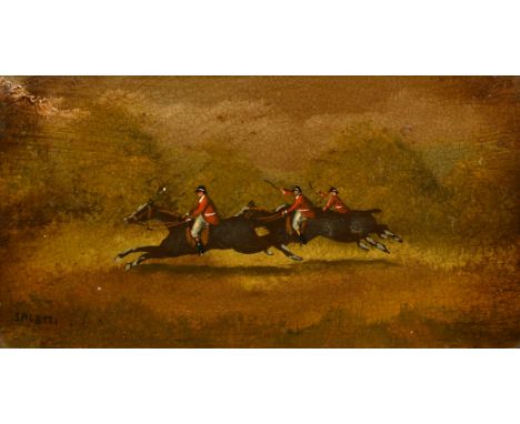 Saletti, 20th Century, a set of four oil on board hunting scenes, each signed, each 4" x 7" (10 x 18cm), (4).