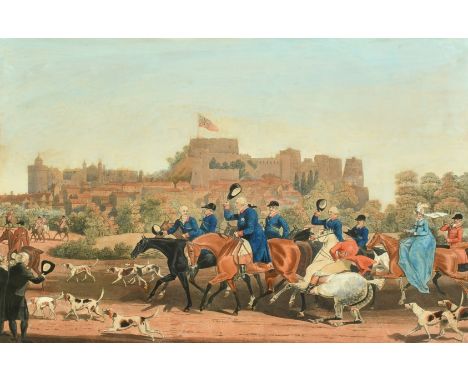 Dubourg after Pollard, King George III returning from hunting, hand-coloured aquatint, 13.5" x 19" (34 x 48cm), in a carved f
