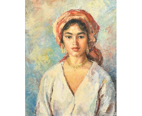 Francisco Sans Huguet (b. 1926) Spanish, a head and shoulders portrait of a Spanish beauty, oil on board, signed, also inscri