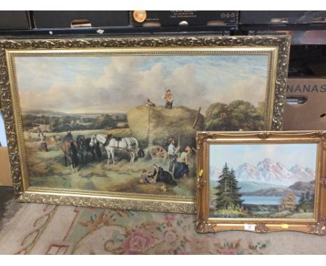 A GILT FRAMED OIL ON BOARD OF A MOUNTAINOUS LAKE SCENE SIGNED BONTHART TOGETHER WITH A LARGE GILT FRAMED HAY MAKING SCENE PRI