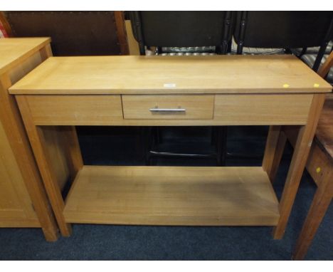 A  MODERN LIGHT OAK CONSOLE TABLE WITH SINGLE DRAWER W 110 CM X D- 37 CM X H- 80 CM