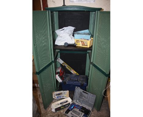 AN OUTDOOR STORAGE UNIT PLUS CONTENTS OF POWER TOOLS ETC