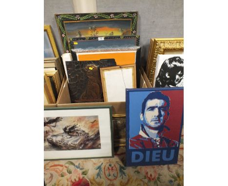 A BOX OF ASSORTED PICTURES AND PRINTS TO INCLUDE A PENCIL SKETCH, MODERN EASTERN OIL PAINTING ETC