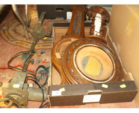 TWO VINTAGE BAROMETER CASES A/F TOGETHER WITH A MILITARY CABLE WINDER (3)