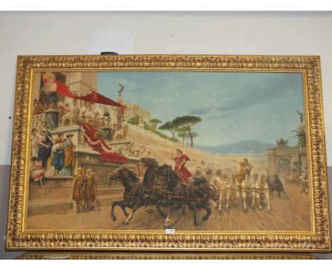 A LARGE GILT FRAMED PRINT OF A CHARIOT RACING SCENE FROM BEN HURR S/D W-143CM X H-91CM