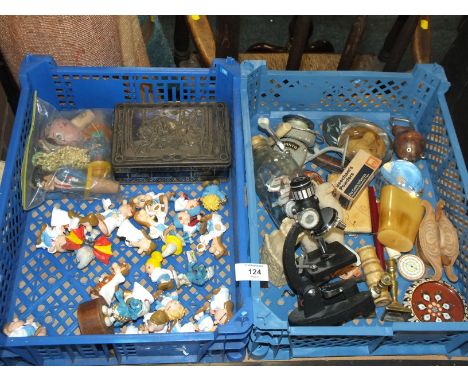 TWO SMALL TRAYS OF COLLECTABLES TO INCLUDE A MICROSCOPE, TETLEY TEA FIGURES ETC. 