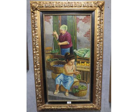A LARGE GILT FRAMED ITALIAN STYLE OIL ON CANVAS DEPICTING FRUIT SELLERS SIGNED R. PASQUINELLI