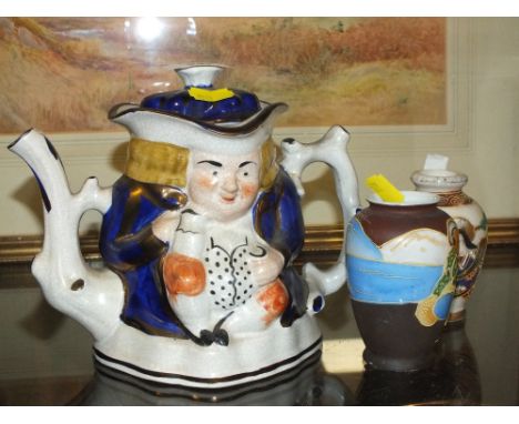 A VINTAGE CERAMIC DOUBLE SIDED TOBY TEAPOT, TOGETHER WITH TWO SMALL MODERN ORIENTAL VASES (3)