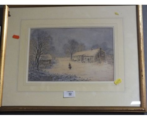 A FRAMED AND GLAZED WATERCOLOUR DEPICTING A RUSTIC WINTER SCENE WITH FIGURE BESIDE A COTTAGE SIGNED R MANN 