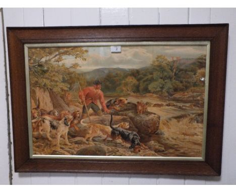 AN OAK FRAMED AND GLAZED VINTAGE PRINT ENTITLED THE OTTER HUNT BY J S NOBLE H-59CM W-84CM