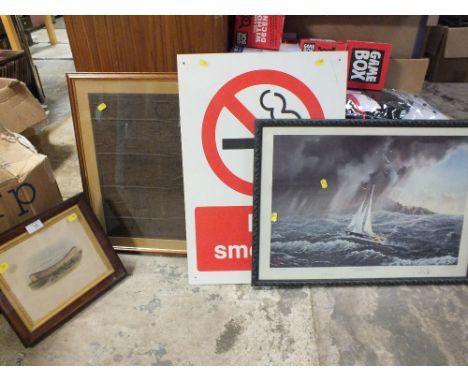 A MODERN NO SMOKING SIGN TOGETHER WITH A SIGNED LIMITED EDITION PRINT, SMALL ENGRAVING AND A MAP (4)