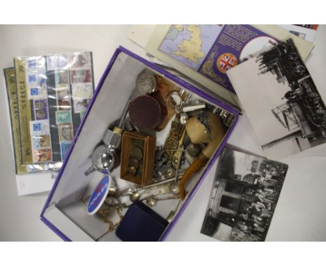 A BOX OF COLLECTABLES TO INCLUDE A VINTAGE PIPE, STAMPS ETC