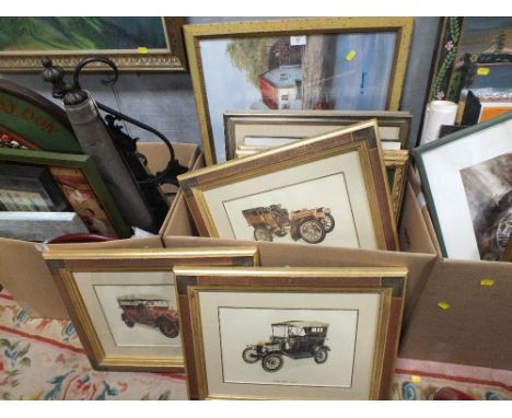 A BOX OF PICTURES AND PRINTS TO INCLUDE A MARYLIN MONROE PRINT, CLASSIC CAR PRINTS ETC