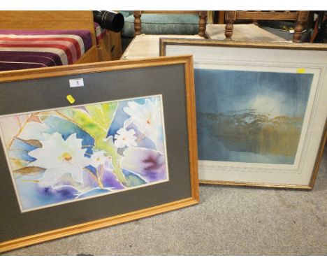 A FRAMED AND GLAZED ABSTRACT FLORAL WATERCOLOUR SIGNED ERNEST TWIGG, TOGETHER WITH A FRAMED AND GLAZED SIGNED LIMITED EDITION
