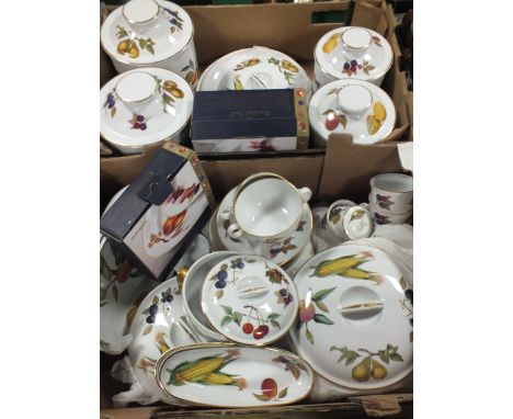 TWO TRAYS OF ROYAL WORCESTER EVESHAM CHINA TO INCLUDE TUREENS, STORAGE JARS ETC
