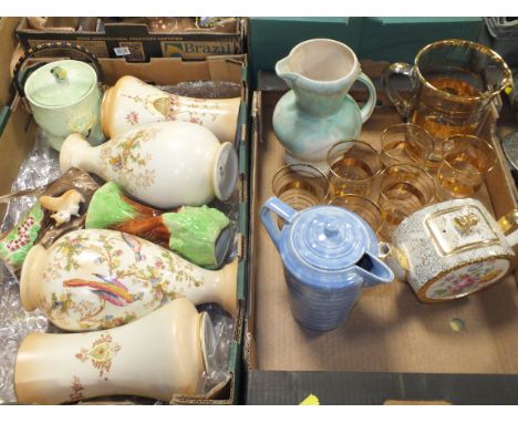 TWO TRAYS OF CERAMICS AND GLASSWARE TO INCLUDE CROWN DEVON, SADLER TEAPOT, CARLTON WARE ETC