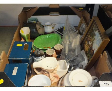 A TRAY OF ASSORTED CERAMICS TO INCLUDE WEDGWOOD JASPERWARE, ROYAL WORCESTER, CARLTONWARE ETC. 