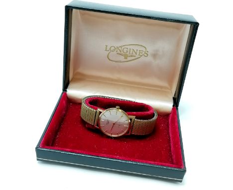Longines 9ct gold cased manual wind gents wristwatch (32mm case) on a stretchy gold plated bracelet ~ has 1972 dedication to 