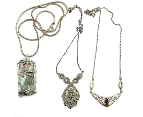 Mother of pearl pendant on a silver 56cm chain t/w 2 x silver necklets (1 unmarked) ~ total weight (lot) 38g 