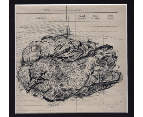 Robert Oscar Lenkiewicz (1941–2002) original pen and ink sketch of a bird with original blindstamp - mount 26cm square