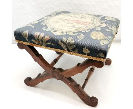 Antique Rosewood X framed tapestry covered footstool, 47 cm square, 35 cm high, some moulding losses, good used condition. 