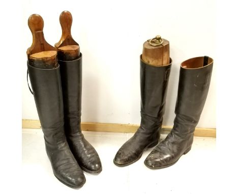 Pair of Vintage leather riding boots with wooden tree's t/w similar pair missing 1 tree. both worn condition. 
