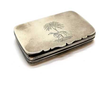 Antique silver plated snuff box engraved armorial of a greyhound chained to a palm tree with gilded interior 7cm x 4.5cm- sli