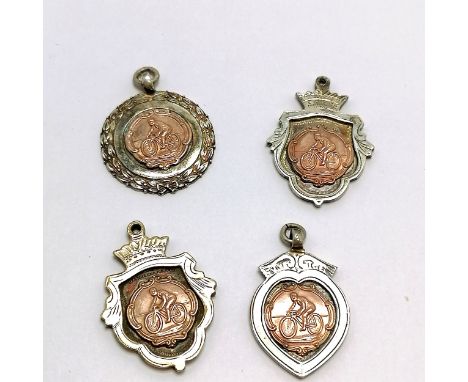 4 x 1950's silver cycling medallions / fobs with unmarked gold detail - total weight 38g 