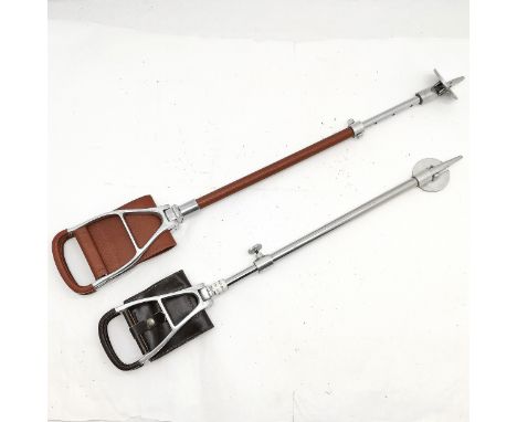 Vintage adjustable shooting stick with tan leather seat, t/w with another but black leather seat, both in good used condition