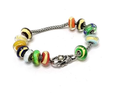 LAA Trollbeads silver bracelet with 12 unmarked glass beads - total weight 34g 