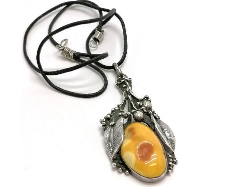 Unmarked silver pendant set with amber (8cm drop) ~ total weight 20g 