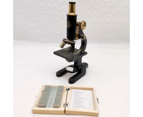 Vintage C Baker London 12885, Laboratory Microscope, good used condition,  34 cm high, t/w boxed set of botanical &amp; medic