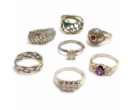 7 x silver rings ~ garnet set, Pilgrim enamelled, 4 x stone set &amp; celtic pierced band - 26g total weight 