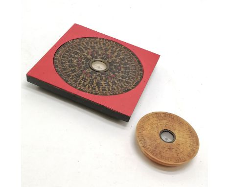 2 x Chinese geomantic compasses - smallest (7cm) has red seal mark and character marks to base and the red and black lacquer 