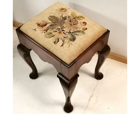 Mahogany framed tapestry top stool on cabriole legs, 36 cm wide, 32 cm deep, 45 cm high. in good used condition. 