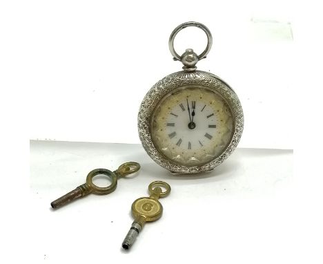 Antique silver cased fob watch with engraved detail (36mm case) - with 2 keys &amp; runs BUT WE CANNOT GUARANTEE THE TIMEKEEP