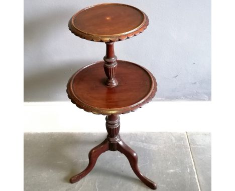 Georgian style mahogany 2 tier occasional table, on turned &amp; reeded column on tripod base, good used condition, 31 cm dia