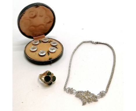 Cased set of gilt metal dress studs with mother of pearl detail t/w silver necklace by Otis &amp; costume ring 