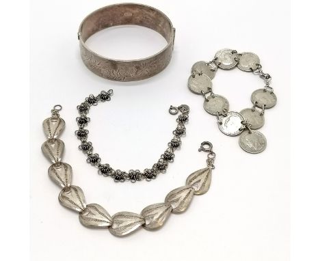 Silver bangle, 3d coin bracelet, &amp; 2 x filigree bracelets - total weight 72g 