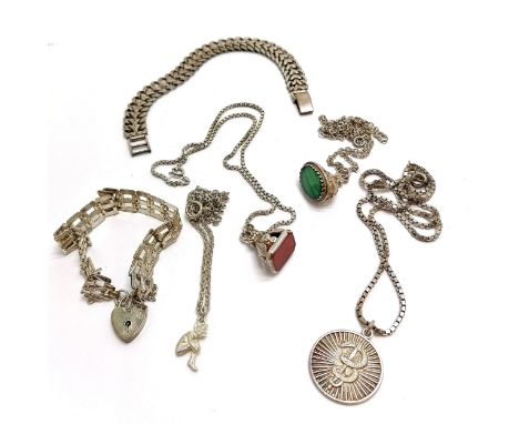 4 x silver pendants (2 seal fobs, pixie &amp; serpent) on silver chains (longest 48cm) t/w 2 silver bracelets ~ total weight 