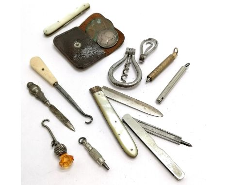 1913 silver thistle glove hook (5cm), bow corkscrew &amp; glove hook, watch winder, unusual twist action glovehook pat.sept.2